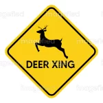 Deer crossing sign xing sticker light color printable vector, wildlife safety, road drivers alert, grey and yellow design, for city town path, animal protection, roadways motorists