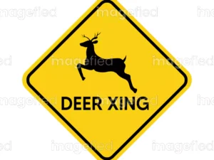Deer crossing sign xing sticker light color printable vector, wildlife safety, road drivers alert, grey and yellow design, for city town path, animal protection, roadways motorists