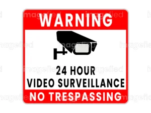 warning 24 hours video surveillance no trespassing sign sticker burgundy color, royalty free printable vector, labels, poster, CCTV camera symbol, security, alarm, monitor