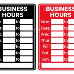 Business hours sign stickers printable digital downloadable files in red black backgrounds