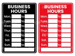 Business hours sign stickers printable digital downloadable files in red black backgrounds