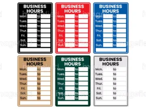 Business hours sign stickers, set of 6 stickers with red black blue brown green grey backgrounds