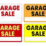 Garage sale signs, for marketing advertising, with 4 backgrounds colors of white, orange, yellow, and red