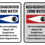 Neighborhood crime watch sign, we immediately report all suspicious activities to our police department, white and grey backgroubds
