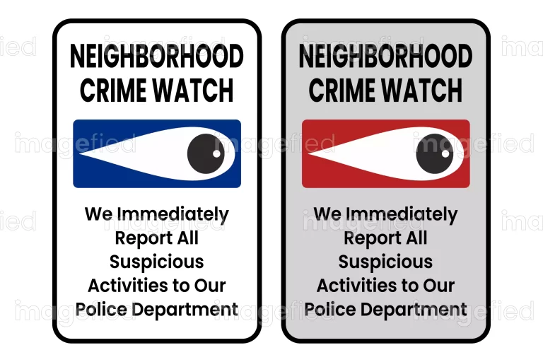 Neighborhood crime watch sign, we immediately report all suspicious activities to our police department, white and grey backgroubds